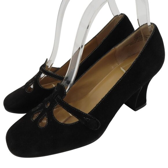 Madeline KAI Women 7.5 M Black Suede Leather Cut Out Button Block Heels Shoes - Picture 1 of 15